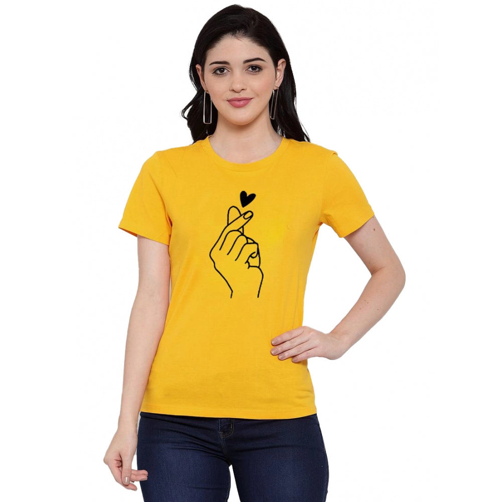 Amfyn Women's Cotton Blend Hand Heart Line Art Printed T-Shirt (Yellow)