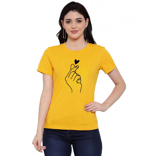 Amfyn Women's Cotton Blend Hand Heart Line Art Printed T-Shirt (Yellow)