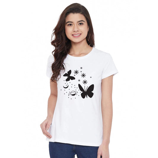 Amfyn Women's Cotton Blend Butterfly With Star Printed T-Shirt (White)