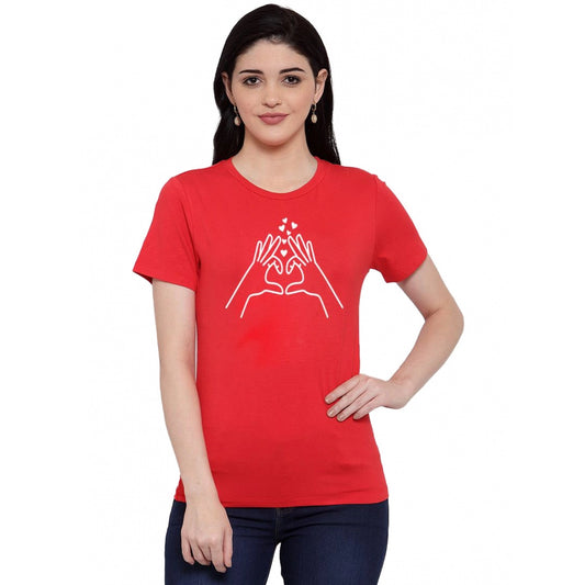 Amfyn Women's Cotton Blend Heart Hands Line Art Printed T-Shirt (Red)