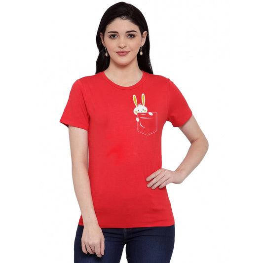 Amfyn Women's Cotton Blend Rabbit Printed T-Shirt (Red)