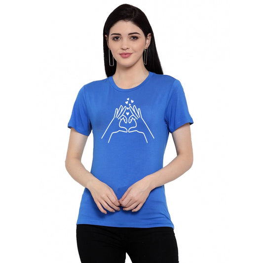 Amfyn Women's Cotton Blend Heart Hands Line Art Printed T-Shirt (Blue)