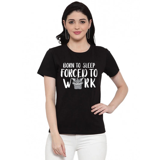 Amfyn Women's Cotton Blend Born To Sleep Forced To Work Printed T-Shirt (Black)