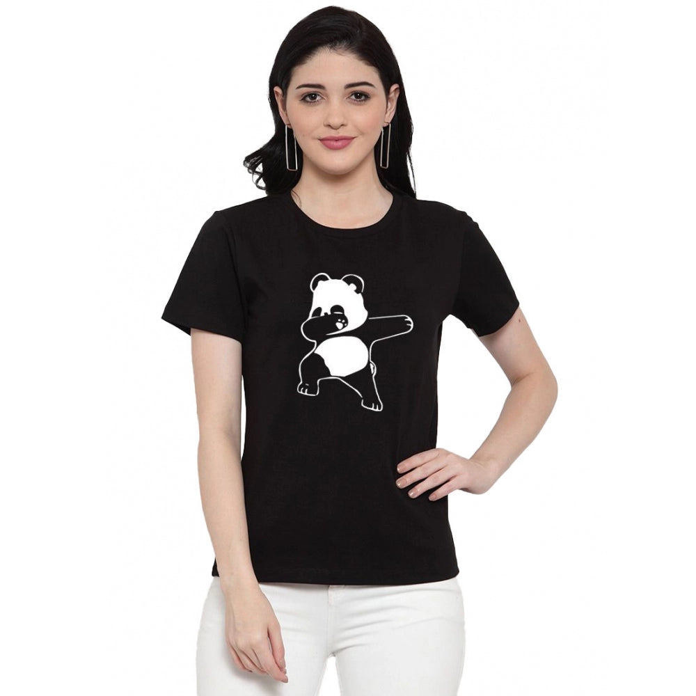 Amfyn Women's Cotton Blend Dancing Panda Printed T-Shirt (Black)