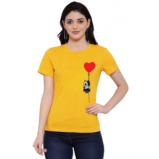 Amfyn Women's Cotton Blend Panda With Heart Balloon Printed T-Shirt (Yellow)