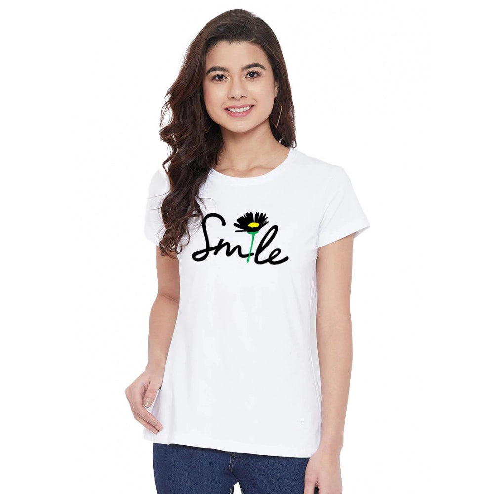 Amfyn Women's Cotton Blend Smile With Flower Printed T-Shirt (White)