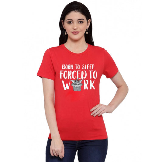 Amfyn Women's Cotton Blend Born To Sleep Forced To Work Printed T-Shirt (Red)