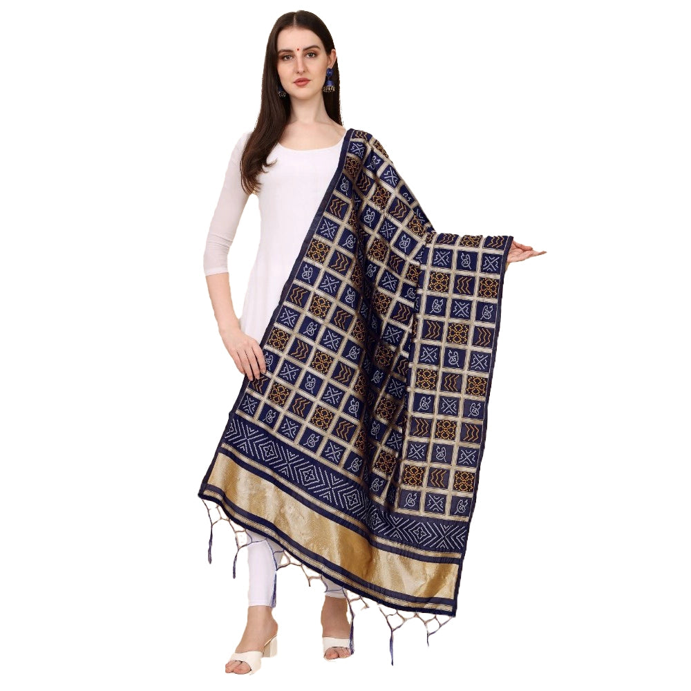Amfyn Women's Silk Pure weaving Work Duppatta (Navy Blue, Length: 2-2.3 Mtrs)