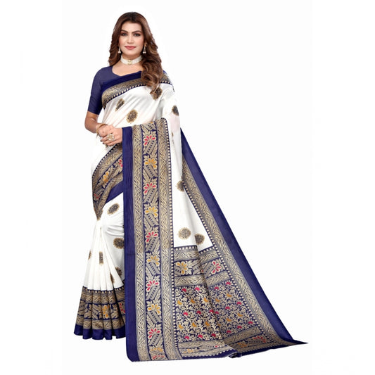 Amfyn Women's Art Silk Printed Saree With Unstitched Blouse (Navy Blue, 5-6 Mtrs)