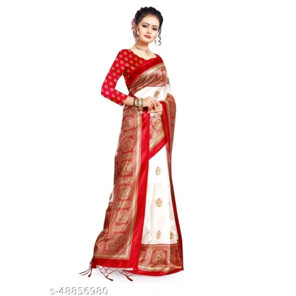 Amfyn Women's Art Silk Printed Saree With Unstitched Blouse (Red, 5-6 Mtrs)