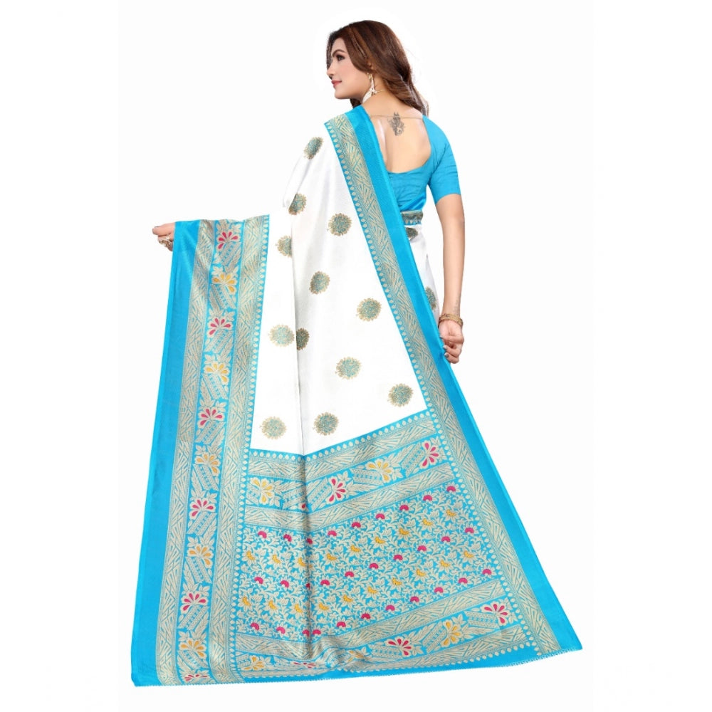 Amfyn Women's Art Silk Printed Saree With Unstitched Blouse (Blue, 5-6 Mtrs)