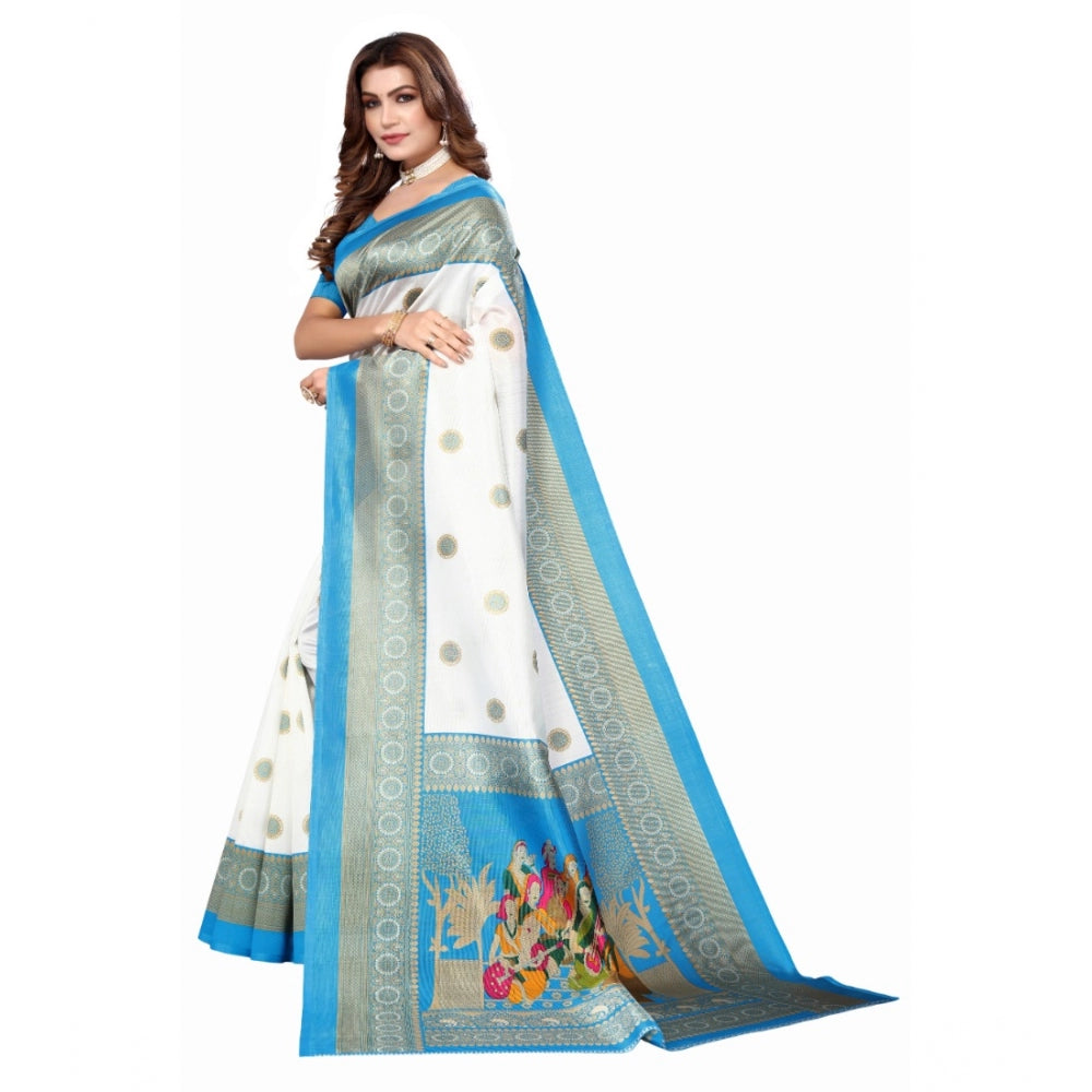 Amfyn Women's Art Silk Printed Saree With Unstitched Blouse (Blue, 5-6 Mtrs)