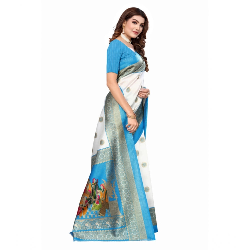 Amfyn Women's Art Silk Printed Saree With Unstitched Blouse (Blue, 5-6 Mtrs)