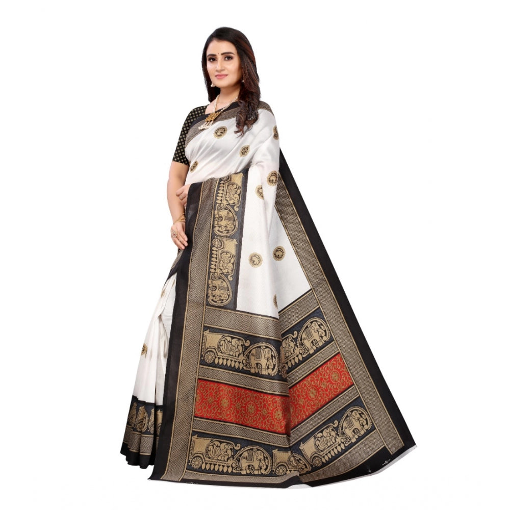 Amfyn Women's Art Silk Printed Saree With Unstitched Blouse (Black, 5-6 Mtrs)