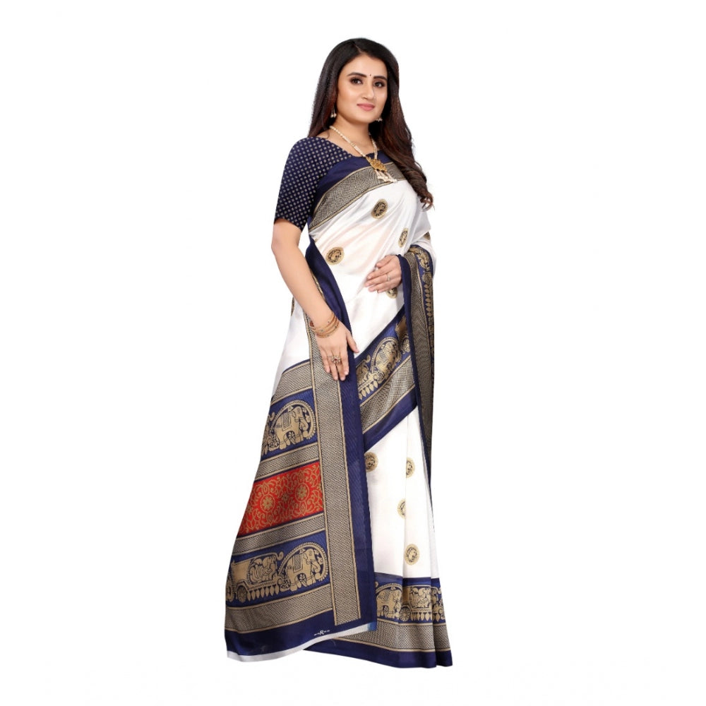 Amfyn Women's Art Silk Printed Saree With Unstitched Blouse (Navy Blue, 5-6 Mtrs)