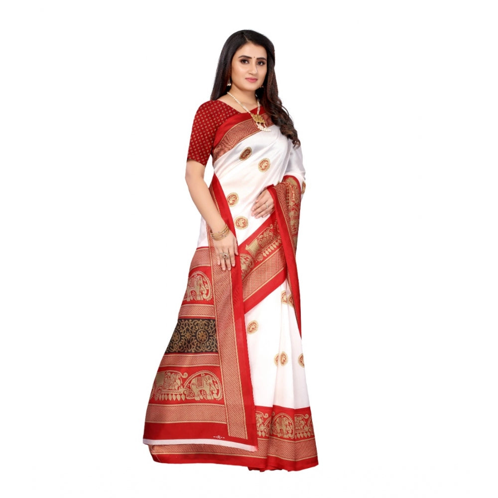 Amfyn Women's Art Silk Printed Saree With Unstitched Blouse (Red, 5-6 Mtrs)