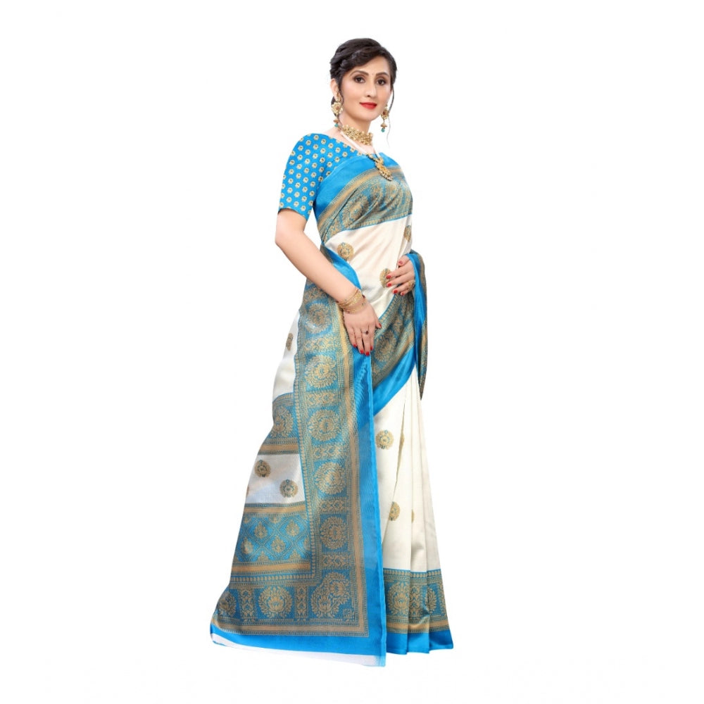 Amfyn Women's Art Silk Printed Saree With Unstitched Blouse (Blue, 5-6 Mtrs)