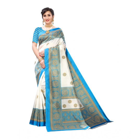Amfyn Women's Art Silk Printed Saree With Unstitched Blouse (Blue, 5-6 Mtrs)