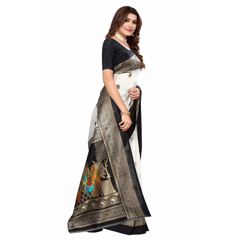 Amfyn Women's Art Silk Printed Saree With Unstitched Blouse (Black, 5-6 Mtrs)