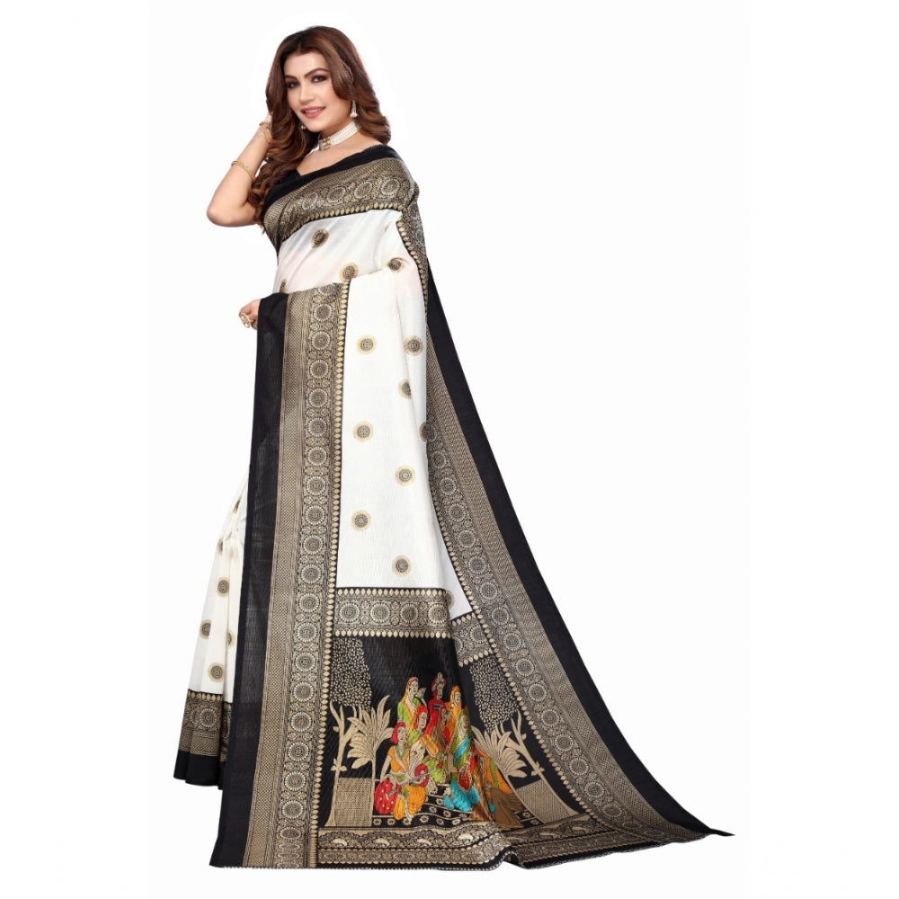 Amfyn Women's Art Silk Printed Saree With Unstitched Blouse (Black, 5-6 Mtrs)