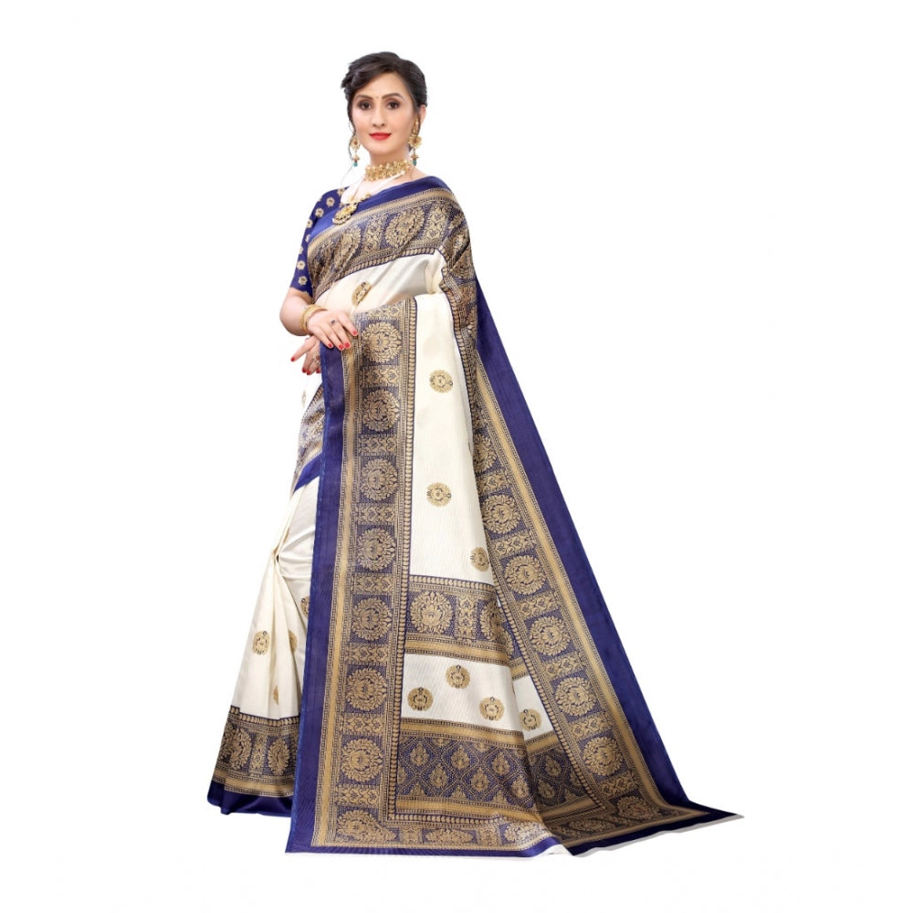 Amfyn Women's Art Silk Printed Saree With Unstitched Blouse (Navy Blue, 5-6 Mtrs)