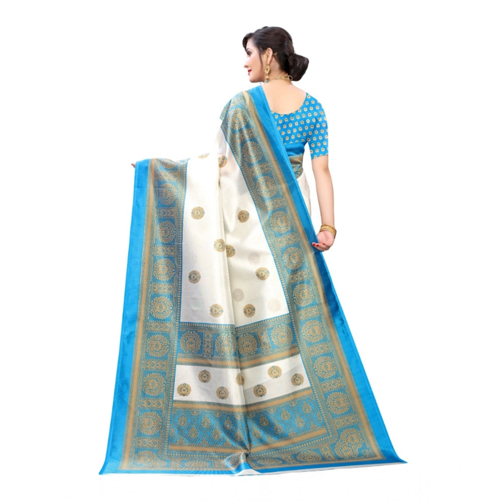 Amfyn Women's Art Silk Printed Saree With Unstitched Blouse (Blue, 5-6 Mtrs)