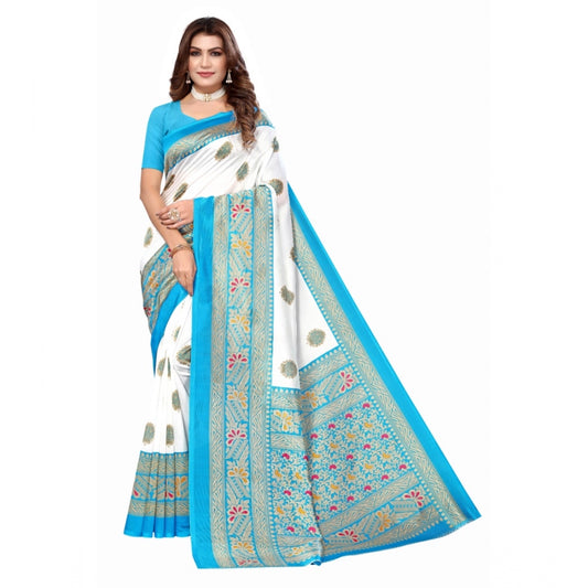 Amfyn Women's Art Silk Printed Saree With Unstitched Blouse (Blue, 5-6 Mtrs)