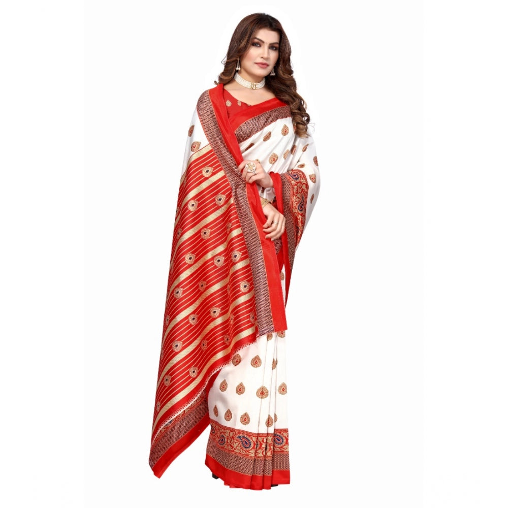 Amfyn Women's Art Silk Printed Saree With Unstitched Blouse (Red, 5-6 Mtrs)