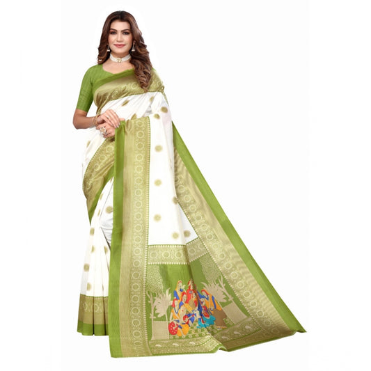 Amfyn Women's Art Silk Printed Saree With Unstitched Blouse (Green, 5-6 Mtrs)