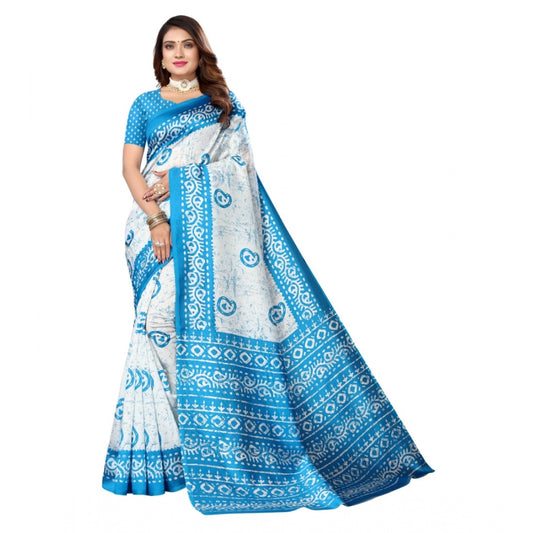 Amfyn Women's Art Silk Printed Saree With Unstitched Blouse (Blue, 5-6 Mtrs)