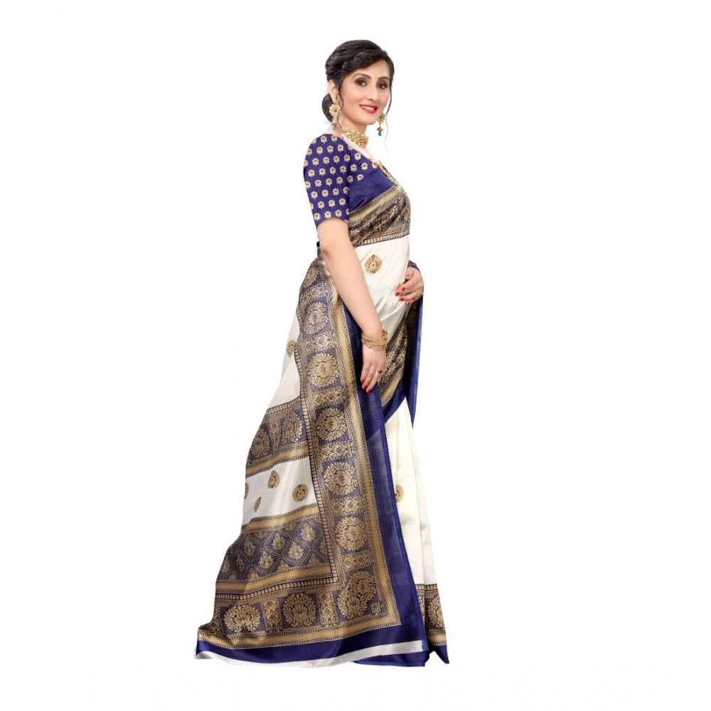 Amfyn Women's Art Silk Printed Saree With Unstitched Blouse (Navy Blue, 5-6 Mtrs)