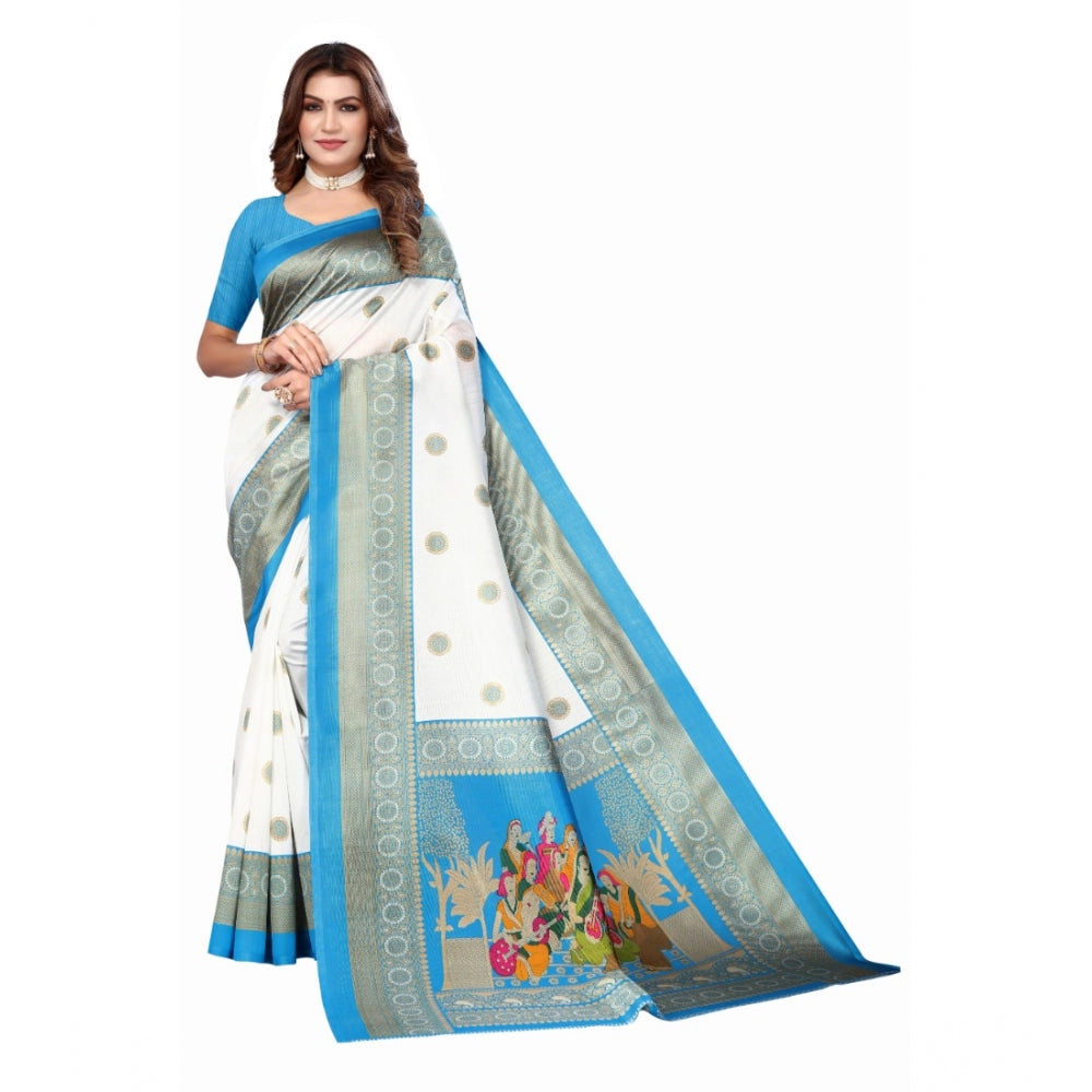 Amfyn Women's Art Silk Printed Saree With Unstitched Blouse (Blue, 5-6 Mtrs)