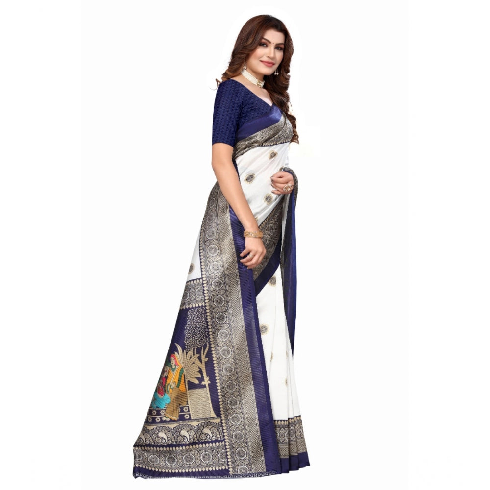 Amfyn Women's Art Silk Printed Saree With Unstitched Blouse (Navy Blue, 5-6 Mtrs)