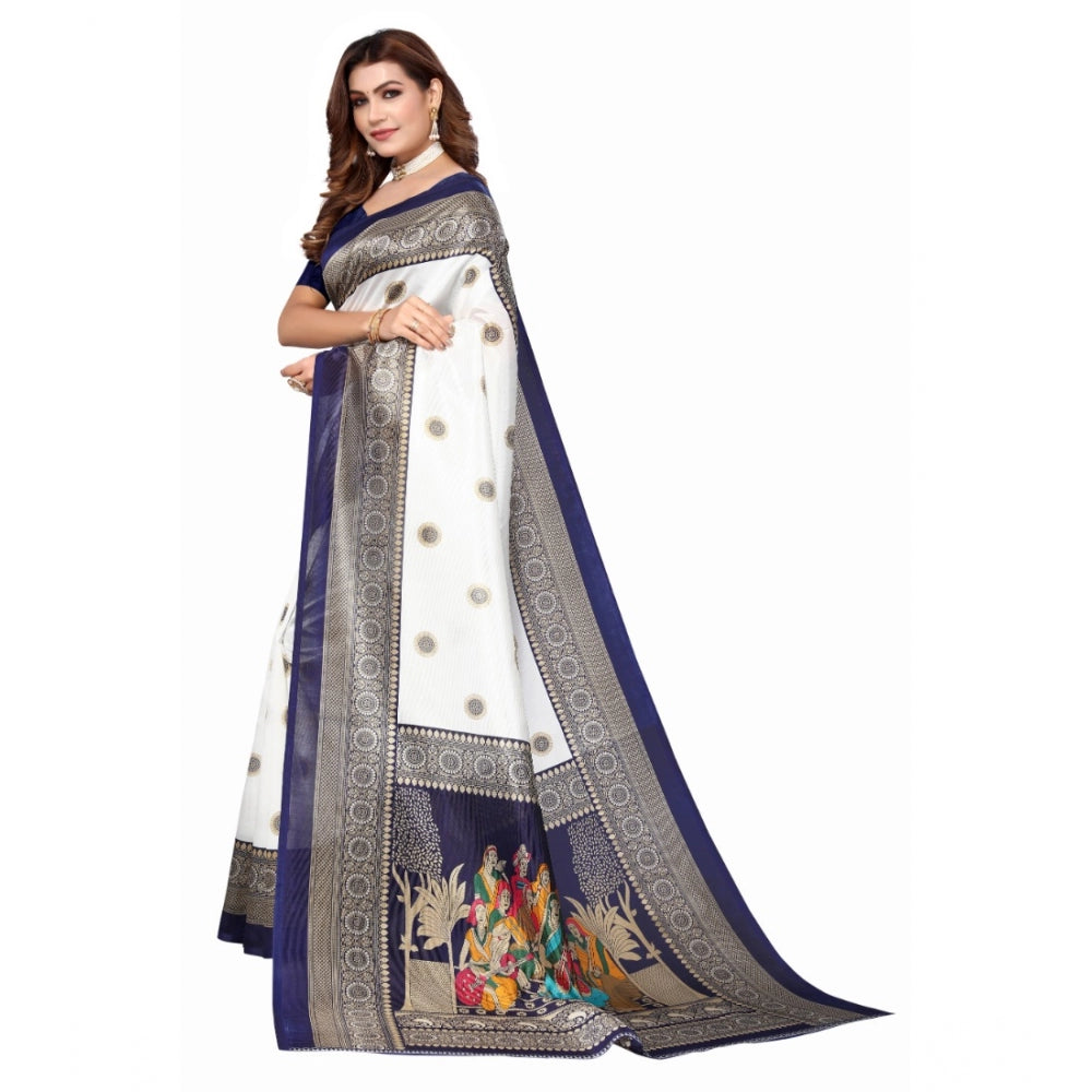 Amfyn Women's Art Silk Printed Saree With Unstitched Blouse (Navy Blue, 5-6 Mtrs)