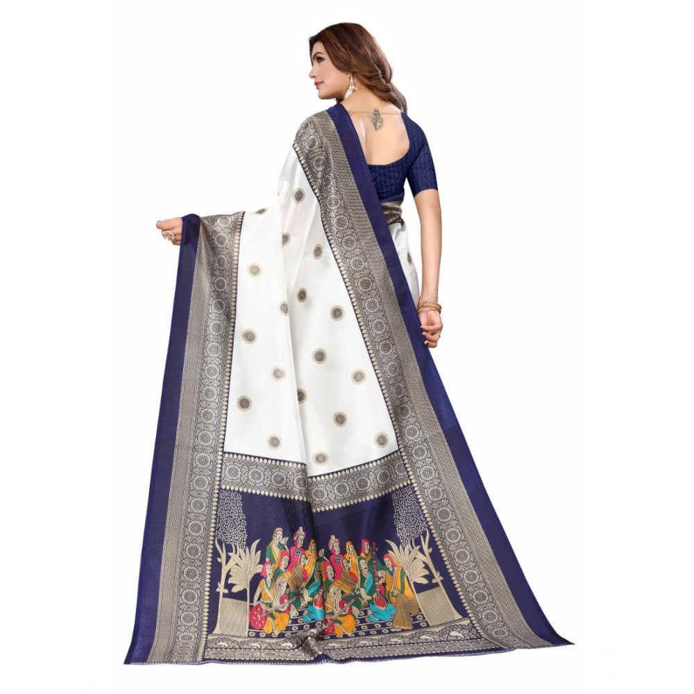 Amfyn Women's Art Silk Printed Saree With Unstitched Blouse (Navy Blue, 5-6 Mtrs)