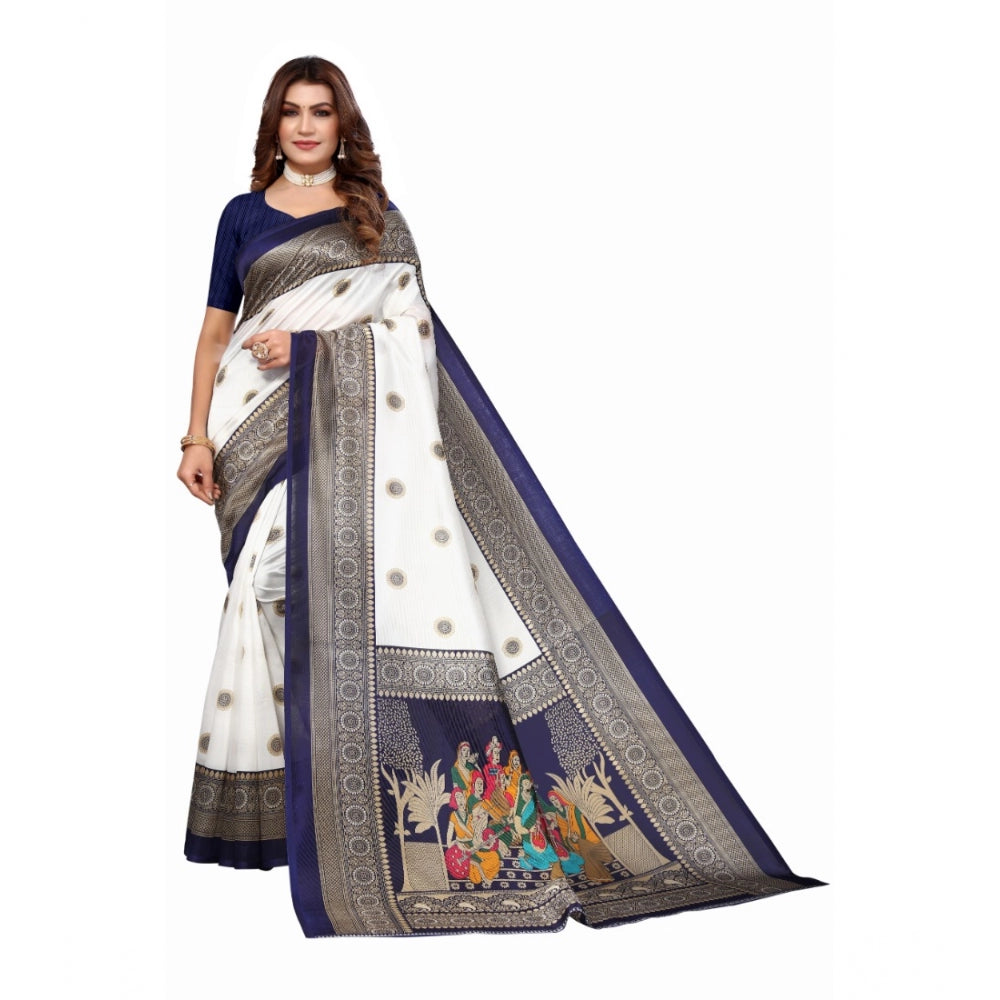 Amfyn Women's Art Silk Printed Saree With Unstitched Blouse (Navy Blue, 5-6 Mtrs)