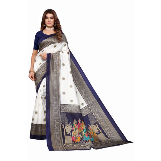 Amfyn Women's Art Silk Printed Saree With Unstitched Blouse (Navy Blue, 5-6 Mtrs)