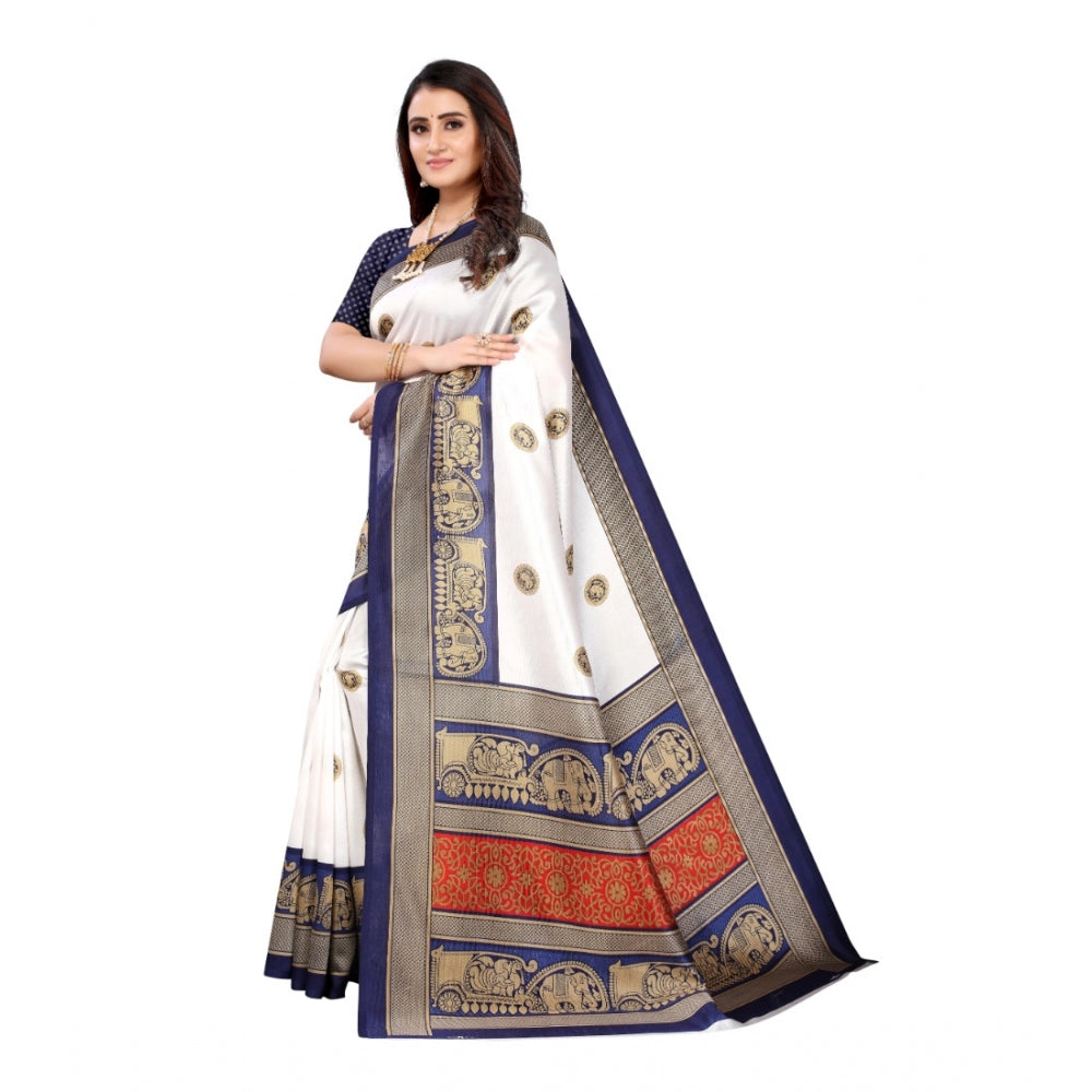 Amfyn Women's Art Silk Printed Saree With Unstitched Blouse (Navy Blue, 5-6 Mtrs)