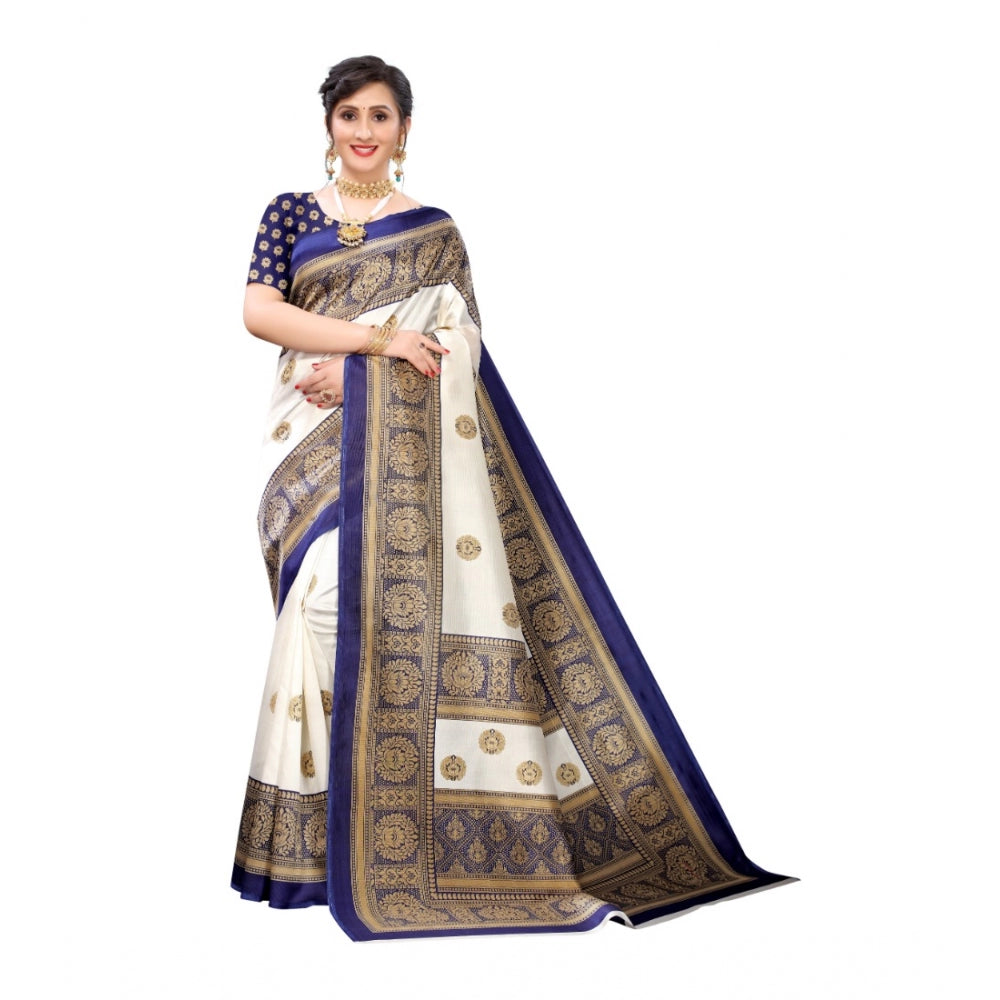 Amfyn Women's Art Silk Printed Saree With Unstitched Blouse (Navy Blue, 5-6 Mtrs)