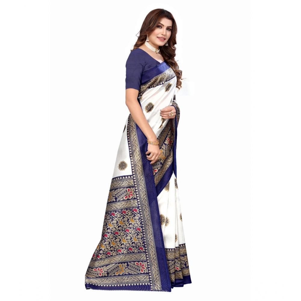 Amfyn Women's Art Silk Printed Saree With Unstitched Blouse (Navy Blue, 5-6 Mtrs)