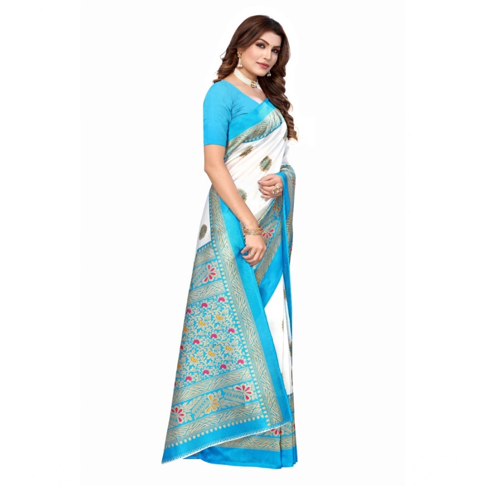 Amfyn Women's Art Silk Printed Saree With Unstitched Blouse (Blue, 5-6 Mtrs)