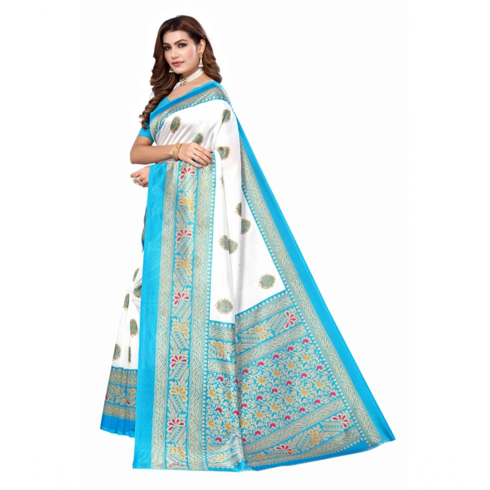 Amfyn Women's Art Silk Printed Saree With Unstitched Blouse (Blue, 5-6 Mtrs)