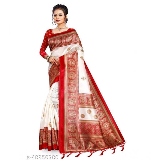 Amfyn Women's Art Silk Printed Saree With Unstitched Blouse (Red, 5-6 Mtrs)