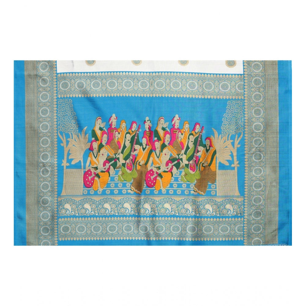 Amfyn Women's Art Silk Printed Saree With Unstitched Blouse (Blue, 5-6 Mtrs)