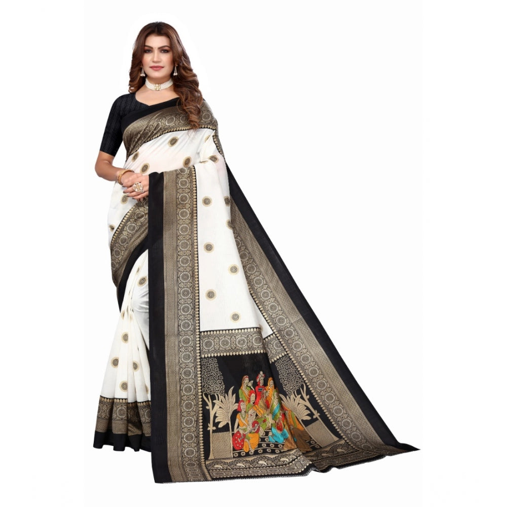 Amfyn Women's Art Silk Printed Saree With Unstitched Blouse (Black, 5-6 Mtrs)