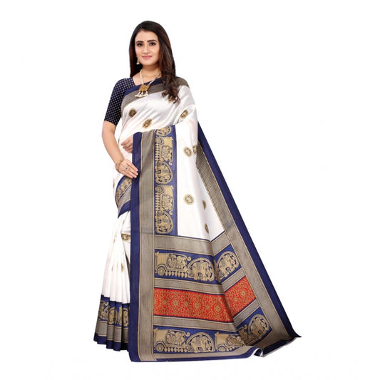 Amfyn Women's Art Silk Printed Saree With Unstitched Blouse (Navy Blue, 5-6 Mtrs)