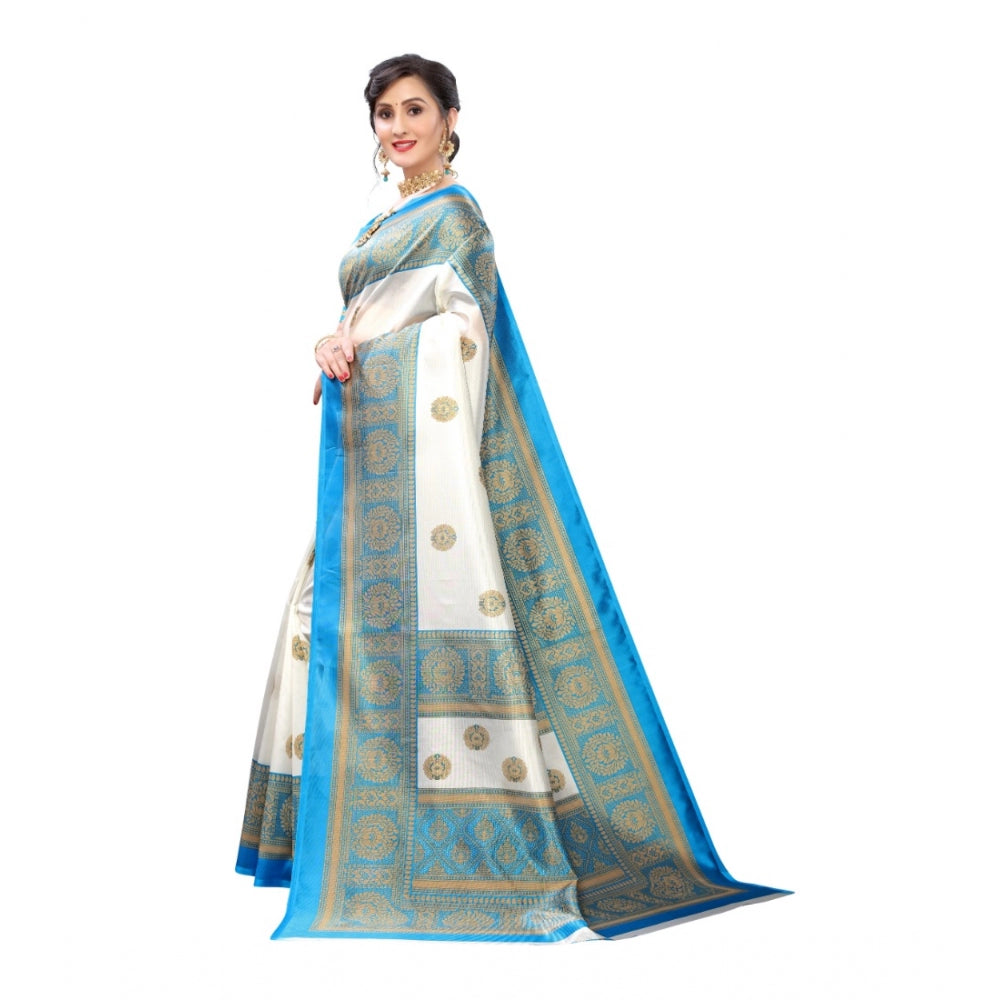 Amfyn Women's Art Silk Printed Saree With Unstitched Blouse (Blue, 5-6 Mtrs)