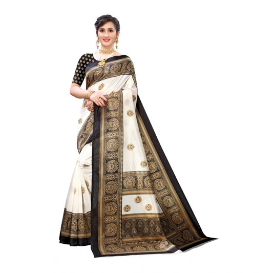 Amfyn Women's Art Silk Printed Saree With Unstitched Blouse (Black, 5-6 Mtrs)