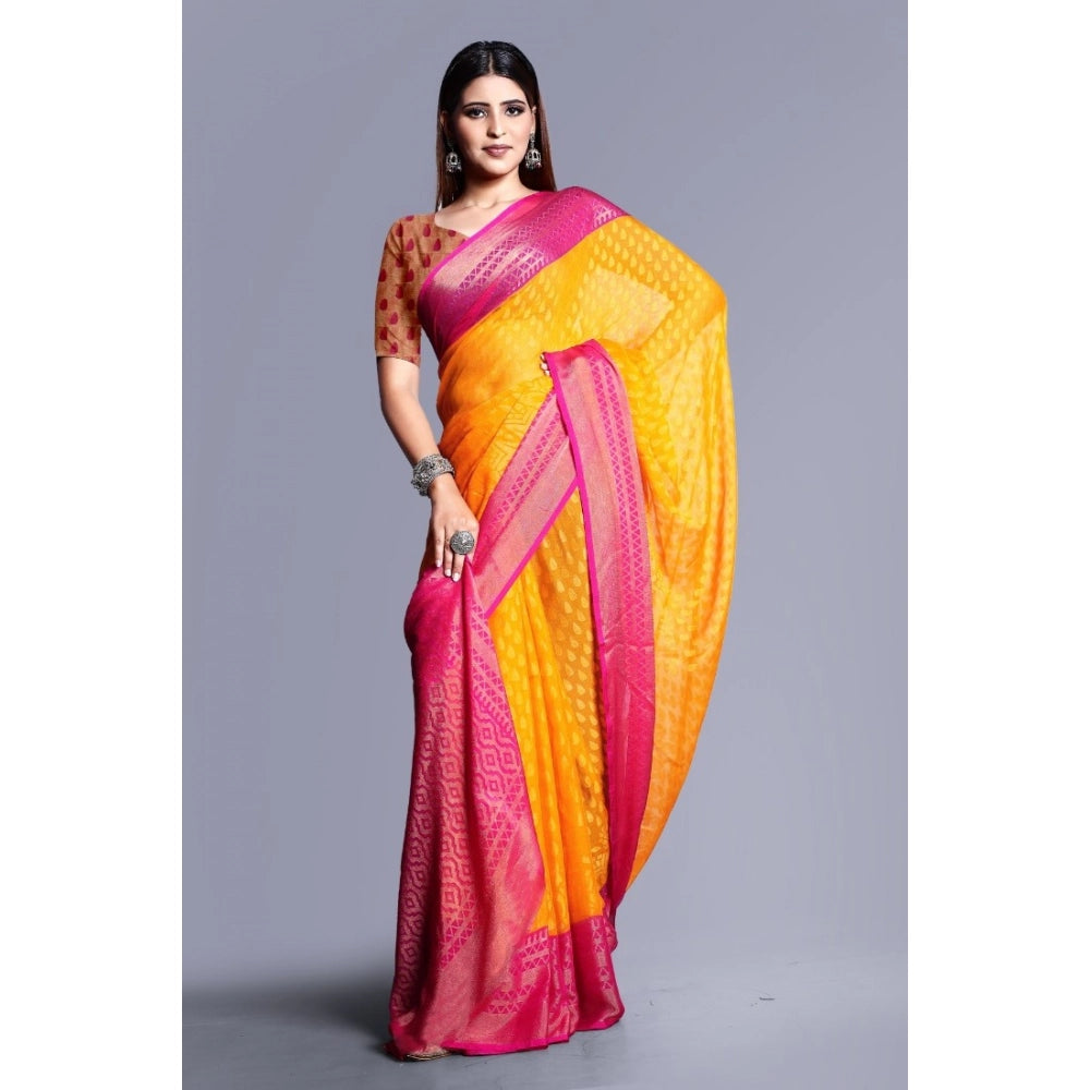 Amfyn Women's Viscose Rayon Printed Saree With Unstitched Blouse (Yellow)