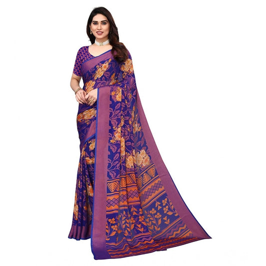 Amfyn Women's Viscose Rayon Printed Saree With Unstitched Blouse (Blue)